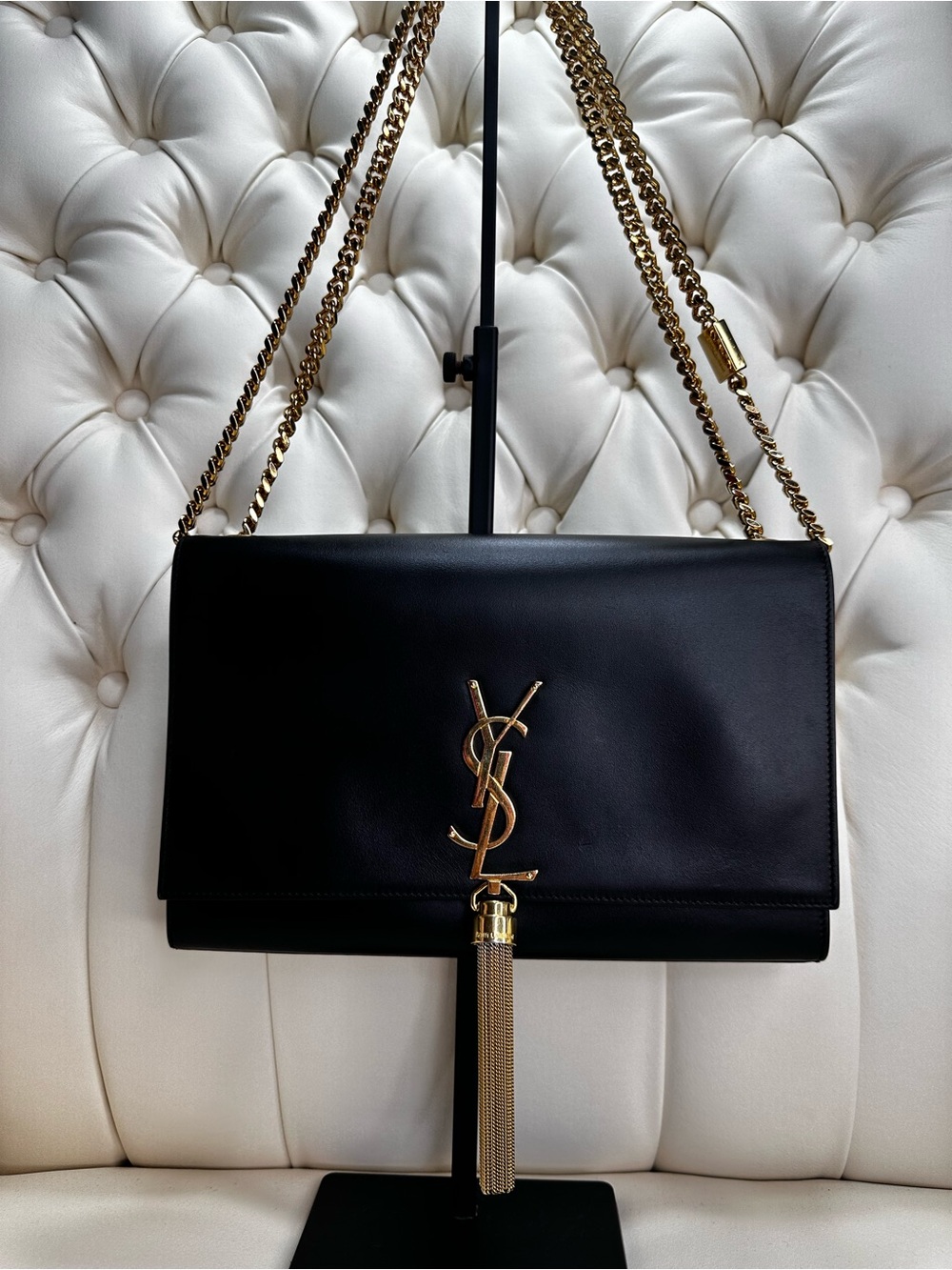 Saint Laurent Black Leather Tassel Chain Shoulder Bag